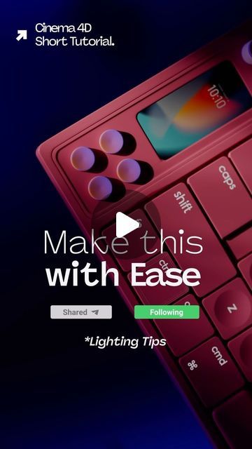 Mohammed Jabbar on Instagram: "Make this with Ease! *Lighting Tips. Cinema 4D Short Tutorial.  Keyboard model by @hloshak   #Cinema4DTutorial #MotionGraphics #3DAnimation #artbyallan #LearnCinema4D #CreativeDesign #GraphicDesign #C4DShortTutorial #DesignInspiration #Cinema4DQuickTips #DigitalArt #VisualEffects #Cinema4DAnimation #DesignTutorial #3DModeling #Cinema4DCommunity #MotionDesign #C4DExplained #TutorialTime #Cinema4DTricks #ArtisticCreation #DesignHacks #DesignTutorial #Cinema4DHowTo #C4DForBeginners #3DDesign #Cinema4DWorkflow #CreativeLearning #VisualStorytelling #CGI  #Cinema4DShorts" Cinema 4d Tutorial, Lighting Tips, Shorts Tutorial, 3d Motion, Motion Design Animation, Design Animation, Creative Learning, 3d Modeling, Cinema 4d