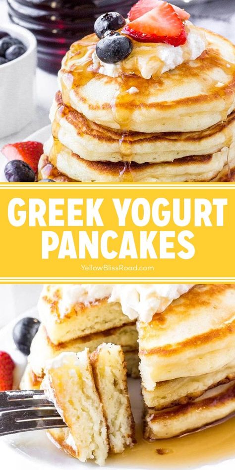 Greek Yogurt Pancakes Greek Yogurt Pancakes Recipe, Pancakes Oatmeal, Greek Yogurt Pancakes, Homemade Pancake Recipe, Peach Tart, Yogurt Pancakes, Pancake Recipe Easy, Greek Yogurt Recipes, Desserts Vegan