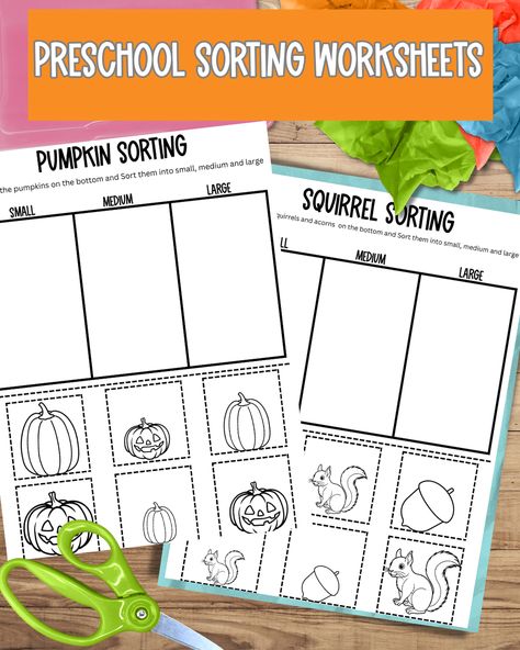 Preschool fall themed sorting worksheets. Pumpkin Sorting and Squirrel and acorn sorting by sizes. Order By Size Preschool Free Printable, Preschool Sorting, Fall Themed Activities, Pumpkin Activities Preschool, November Lesson Plans, Pumpkins Preschool, Worksheets For Preschoolers, Shape Activities Preschool, Preschool Fall