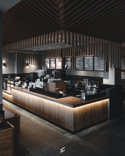 Black Cafe Design, Buffet Design Restaurant, Modern Cafe Design Coffee Shop, Restaurant Counter Design Ideas, Industrial Cafe Counter, Cafeteria Counter Design, Cafe Counter Ideas, Dark Coffee Shop Aesthetic, Cafe Counter Design