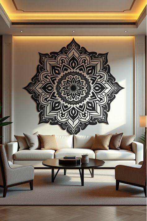 Living room with large hand-painted mandala wall art Creative Wall Decor Ideas, Arabic Ornament, Bohemian Bedroom Inspiration, Feature Wall Living Room, Creative Wall Decor, Painted Mandala, Gallery Wall Living Room, Wall Living Room, Mandala Wall