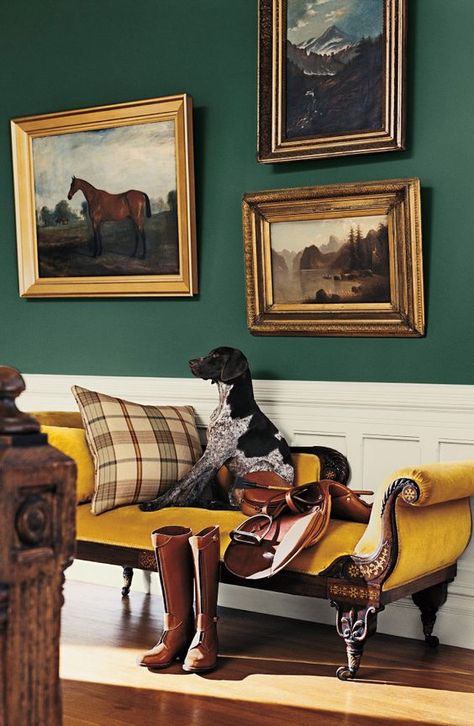 From Ralph Lauren Paint, gilded frames against a front entry painted in Windsor green, with trim Polo Mallet White. A German Shorthaired Pointer makes himself at home on a classic settee. Equestrian Style Decor, Ralph Lauren Paint, English Country Decor, English Decor, English Country Style, Equestrian Decor, Equestrian Art, English Country House, Art Antique