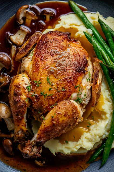 Roast chicken served with mashed potatoes, green beans, and mushrooms in gravy. Autumn Chicken Recipes, Cornish Hen Dinner, Chicken Marsala With Mushrooms, Gourmet Dinner Ideas, Mushrooms Gravy, Best Chicken Marsala Recipe, Best Chicken Marsala, Mashed Potatoes Creamy, Gravy Mashed Potatoes