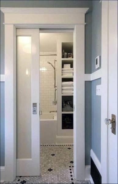 Top 50 Best Pocket Door Ideas - Architectural Interior Designs #BathroomRemodel Bathroom Door Ideas, Pocket Door, Bathroom Remodel Designs, Trendy Bathroom, Wood Bathroom, Bathroom Doors, Bath Room, Shower Remodel, Joanna Gaines