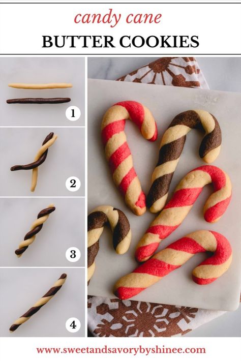 Candy Cane Biscuits, Easy Xmas Dessert, Easy Christmas Cookies Decorating, Different Cookies, Candy Cane Cookie Recipe, Candy Cane Dessert, Candy Cane Recipe, Butter Cookie Dough, Christmas Pastries