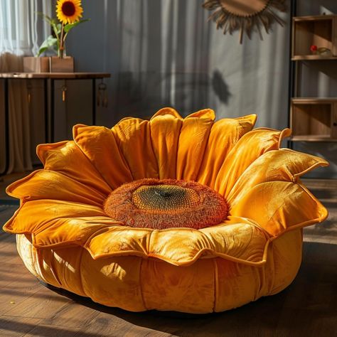 The sunflower couch is a vibrant and inviting piece of furniture that instantly brightens any room with its cheerful design. Inspired by the sunny disposition of sunflowers, this couch typically features a bold yellow color that radiates warmth and positivity. Its distinctive appearance often includes large, plush cushions that offer comfort alongside style. The sunflower couch serves as a focal point in contemporary decor, adding a touch of whimsy and elegance to living spaces while creating... Sunflower Interior Design, Flower Couch, Yellow Living Room Ideas, Unique Couches, Maximalist House, Sunny Aesthetic, Yellow Couch, Plush Couch, Sunny Disposition