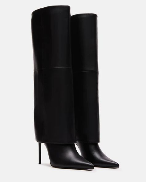 SMITH Black Leather Cuffed Stiletto Boot | Women's Boots – Steve Madden Carrie Bradshaw, Over Knee High Boots, Fashion Shoes Heels, The Smith, Knee Boot, Pretty Shoes, Leather Cuffs, Women's Boots, Tall Boots