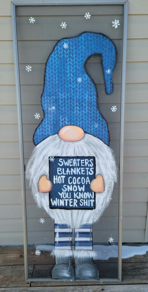 Gnome Window Painting, Winter Painted Windows, Winter Gnome Painting, Winter Window Painting Ideas, Barn Board Projects, Old Window Screens, Wooden Ironing Board, Gnome Paint, Christmas Window Painting