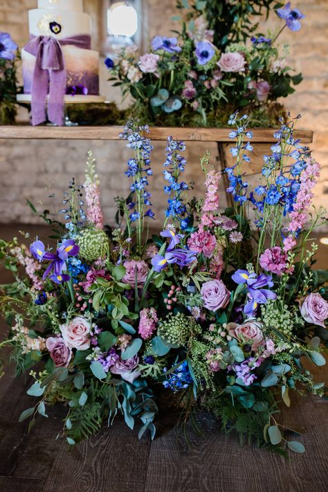 Delphinium Wedding Arch, Delphinium Table Arrangement, Celestial Flower Arrangement, Delphinium Wedding Flowers, Meadow Wedding Flowers, Moongate Arch Wedding, Lilac Flower Arrangements, Wedding Moongate, Flower Meadow Wedding