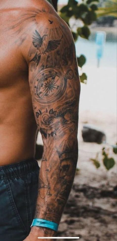 Men’s Half Arm Sleeve Tattoo, Chest And Arm Tattoo Men Ideas, Chest Shoulder Arm Tattoo Men, Compas Sleeve Tattoos For Guys, Sleeve And Chest Tattoo Men, Shoulder Tattoo Guys, Back Shoulder Tattoo Men Ideas, Original Tattoos Men, Surrounding Tattoo Ideas