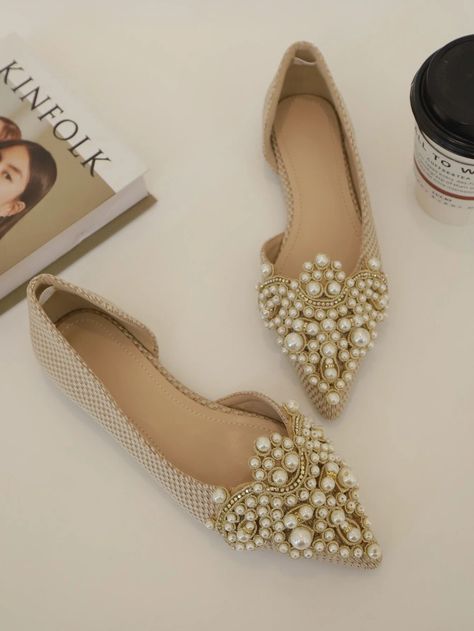 Faux Pearl Decor Flats | SHEIN USA Dressy Flats Shoes, Elegant Shoes Flat, Fancy Flats, Rhinestone Flats, Pearl Decor, Women Flats, Fancy Shoes, Bellini, Pretty Shoes