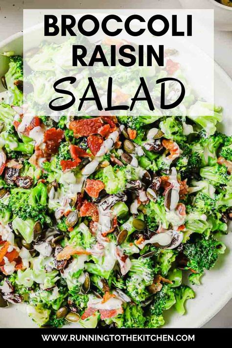 This delicious broccoli raisin salad combines tender broccoli florets, plump raisins, crispy bacon, and crunchy pumpkin seeds. Tossed in a creamy Dijon dressing with a hint of sweetness, it's a perfect addition to your summer BBQs and cookouts. Broccoli Raisin Salad, Broccoli Salad With Raisins, Raisin Salad, Cooked Broccoli, Carrot Raisin Salad, Creamy Dijon, Dijon Dressing, Unique Salad, Dinners Recipes