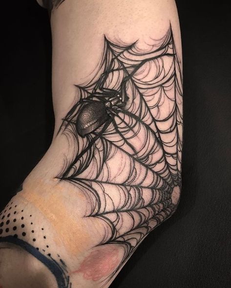 Spider Web Tattoo Under Armpit, Creepy Elbow Tattoo, Spider Wed On Elbow Tattoo, Spiderweb Tattoo On Elbow, Spiderweb Neck Tattoo, Spider Net Tattoo, Spiderweb Hand Tattoo, Spiderweb Shoulder Tattoo, Cobweb Tattoo