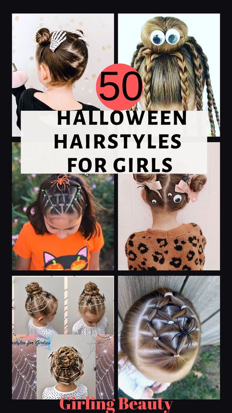 Cute Spooky Hairstyles, Toddler Hairstyles Girl Halloween, Fun Kid Hairstyles, Halloween Hairstyles Ideas, Crazy Hair Day For Teachers Simple, Cute Easy Halloween Hairstyles, Kid Halloween Hairstyles, Spooky Hair Ideas, Toddler Halloween Hairstyles Girl