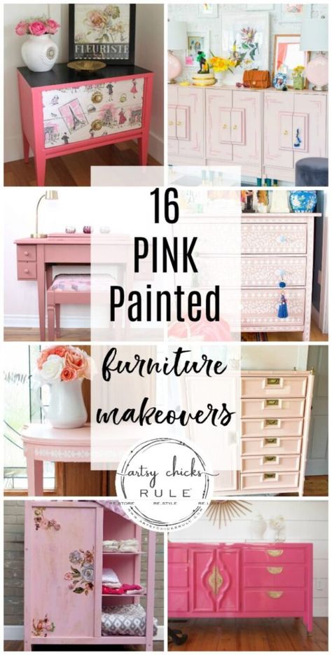 Pink furniture makeover ideas, from the brightest Fuschia to the palest pink for every style of decor! artsychicksrule.com #pinkfurnitureideas #pinkfurnituremakeovers #pinkpaintedfurniture Pink Upcycled Furniture, Pink Painted Dresser, Pink Changing Table, Rustic Laminate Flooring, Pink Painted Furniture, Furniture Makeover Ideas, Pink Nightstands, Pink Bedroom Furniture, Pink Dresser