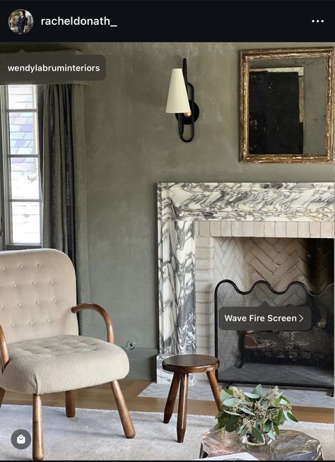 Elegant Brick Fireplace, Roman Clay Living Room, Vintage Fireplace Ideas, Raised Fireplace, Formal Living Room Ideas, Fire Screen, Sopot, Brick Fireplace, Fireplace Design