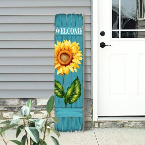 PRICES MAY VARY. Summertime Charm: Welcome the arrival of summer with our delightful porch sign featuring a blooming sunflower on a vibrant blue wooden board. Cheerful Design: The blue hue of the wooden board adds a cozy touch to your porch, while the cheerful sunflower symbolizes renewal and freshness. Perfect Size for Display: Once assembled, the dimensions of the porch sign measure 7.8 inches in width and 31.5 inches in height. Complete with a back rope, it's conveniently designed for hanging Signs For The Porch, Oh Hello Signs For Front Porch, Diy Porch Signs Ideas, Wood Painting Ideas Diy Wooden Signs, Fall Boards Signs, Shutter Crafts Ideas, Door Signs Wooden, Fall Porch Signs, Sunflower Stuff