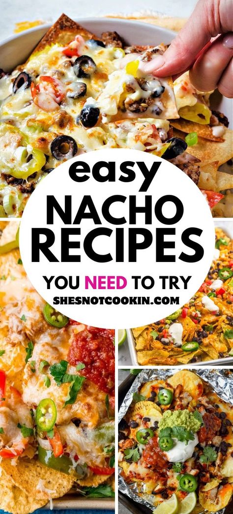 Nachos are easy to make and so versatile with flavors and prep method. We've rounded up our Top 10 Favorite Nacho Recipes to enjoy for your next party, game day or busy weekday dinner Nachos Recipe With Queso, Dennys Nachos Recipe Copycat, Nachos For Party, Nacho Toppings List, Easy Nachos Recipe Simple, Dennys Nachos Recipe, Collage Meals, Diy Nachos, Cracker Dips