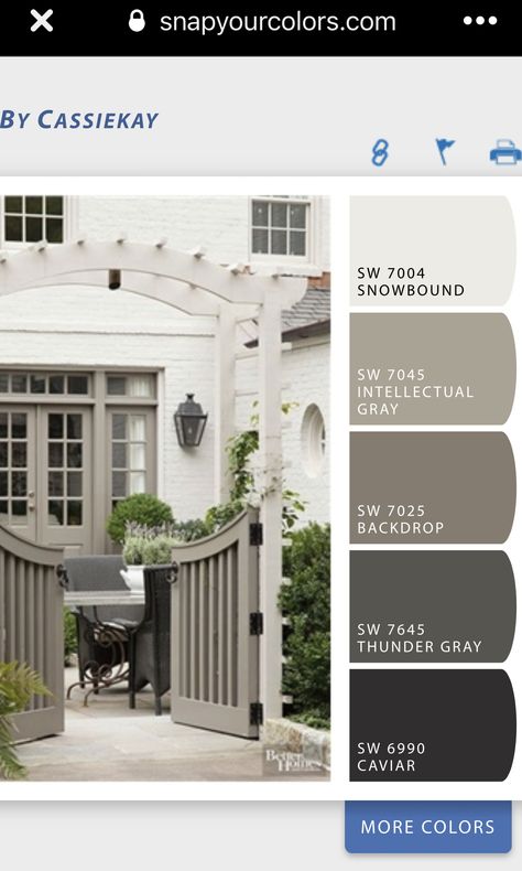 Tone On Tone House Exterior, Small House Outdoor Paint Colors, Taupe And Cream House Exterior, White House Grey Trim Exterior, White House Trim Colors, Warm White Exterior House Colors, Exterior Paint Colors Stucco, White And Grey Exterior House, White Brick Black Shutters