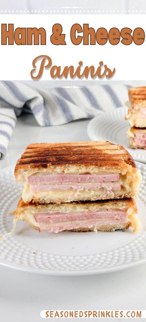 A ham and cheese panini is the perfect way to take a sandwich or leftovers to the next level! Layers of savory ham, melty cheese, and a buttery crust make this a sandwich worth trying any time for lunch or dinner! #ham #cheese #sandwich #panini #lunch #dinner Ham Panini Sandwiches Recipes, Ham Panini Recipes, Ham And Brie Panini, Ham And Cheese Panini, Gourmet Ham And Cheese Sandwich, Ham And Swiss Panini, Hot Ham And Cheese Sandwiches, Best Ham Sandwich, Dinner Ham