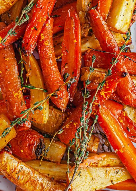 Orange Glazed Roasted Carrot + Parsnip - SO VEGAN Roast Carrots And Parsnips Jamie Oliver, Roasted Glazed Carrots, Orange Glazed Carrots, Carrot Parsnip, Carrots And Parsnips, Orange Carrot Juice, Herbs Remedies, Roasted Carrots And Parsnips, Eat More Plants