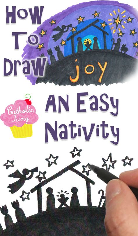 This free how to draw an easy nativity video is so easy to follow along with! This is the perfect nativity activity for your kids this season. #jesusisthereason #nativity #howtodraw #christmas #keepchristinchristmas #christianchristmas #cahtolicchristmas #reasonfortheseason #kidnativity #nativityforkids Nativity Canvas Painting For Kids, Easy Nativity Painting For Kids, Nativity Drawing For Kids, Diy Christmas Cards Nativity, How To Draw A Nativity Scene, Christmas Nativity Art Projects For Kids, Easy Nativity Drawing, Nativity Directed Drawing For Kids, Nativity Art Projects For Elementary