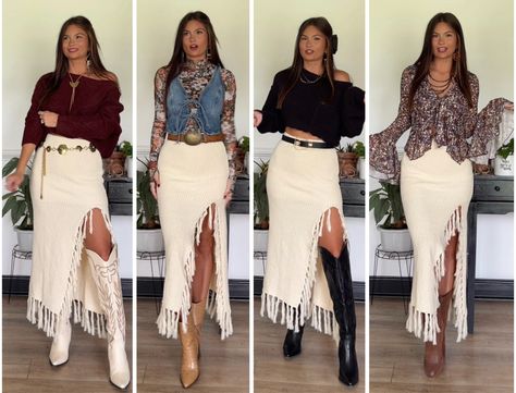 Shop Sweater Fringe Midi Skirt and other curated products on LTK, the easiest way to shop everything from your favorite creators. Maxi Skirt Western Outfit, Western Skirt Outfits, Mid Skirt Outfits, Fringe Skirt Outfit, Fringe Midi Skirt, Western Sweaters, Outfit Western, Texas Fashion, Western Skirts