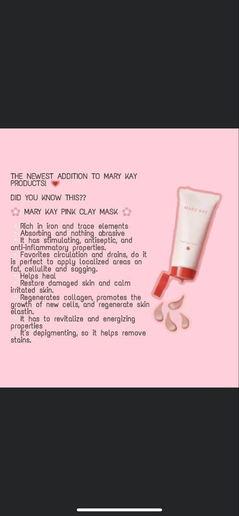 This shows the many characteristics of this pink clay mask . Mary Kay Pink Clay Mask, Clay Mask Benefits, Mary Kay Pink, Pink Clay Mask, Pink Clay, Clay Mask, Clay Masks, Stain Remover, Damaged Skin