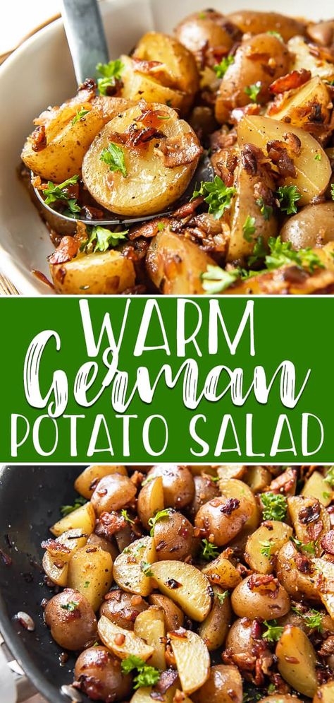 Tangy, tender, and loaded with bacon, this old fashioned Warm German Potato Salad is a fantastically easy addition to any summer meal! This hearty potato salad, tossed with a mustard, onion, and bacon vinaigrette, is a far cry from that mayo-loaded salad you're used to! #crumbykitchen #summerrecipes #potatosalad #german #recipes #sidedish #salad #potatorecipes German Potato Salad For A Crowd, Potato Salad Vinaigrette, Vinaigrette Potato Salad, Non Mayo Potato Salad, Warm German Potato Salad With Bacon, Warm Potato Salad Recipe, Warm Potato Salad With Bacon, Potato Bacon Recipes, Summer Potato Side Dishes