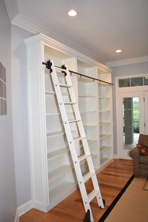 Pantry With Library Ladder, Sliding Ladder Bookshelf, Sustainable Living Room, Functional Closet, Floor To Ceiling Bookshelves, Home Library Rooms, Library Bedroom, White Bookshelves, Large Bookcase