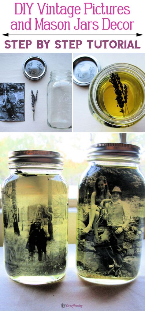 DIY Vintage Pictures and Mason Jars Decor Mason Jars Decor, Diy Mason Jar Decor, Mason Jar Picture, Mason Jar Photo, Jars Decor, Recycle Crafts Diy, Mason Jar Decor, Vintage Mason Jars, Vintage Pics