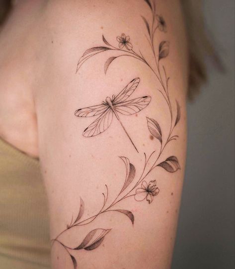 Dragonfly Vine Tattoo, Dragonfly With Vines Tattoo, Dragonfly Wrap Around Tattoo, Fern And Dragonfly Tattoo, Ethereal Dragonfly Tattoo, Dragon Fly Shoulder Tattoo, Dragonfly Ankle Tattoos For Women, Dragonfly Leg Tattoos For Women, Dragonfly Tattoo Design With Flowers Forearm