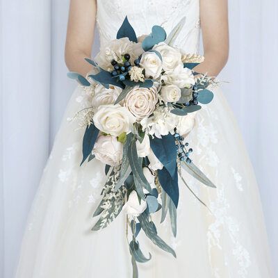 [CA$ 68.00] Cascade Silk Flower Bridal Bouquets - Vintage Wedding Ceremony, Silk Flower Bridal Bouquet, Rustic Wedding Colors, Cascading Bridal Bouquets, Wedding Car Decorations, Waterfall Wedding, Blue Champagne, Color Peacock, Wedding Bouquets Bride