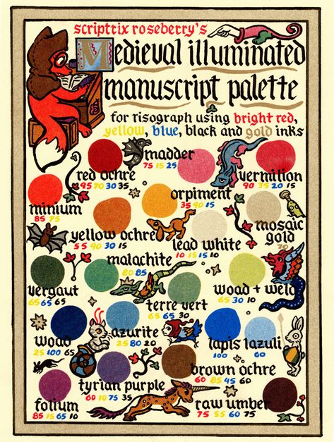 Medieval Illuminated Manuscript Palette Risograph Color Chart Print - Fox-Teeth's Ko-fi Shop - Ko-fi ❤️ Where creators get support from fans through donations, memberships, shop sales and more! The original 'Buy Me a Coffee' Page. Medieval Illuminated Manuscript, Risograph Printing, Medieval Artwork, Illustrated Manuscript, Risograph Print, Medieval Manuscript, Illuminated Letters, Medieval Art, Illuminated Manuscript