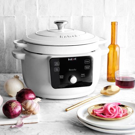 Now you can create the same succulent flavors of cooking in a cast iron Dutch oven with the speed and ease of the Instant Pot. This exceptionally versatile machine features an enameled cast-iron inner pot that lets you braise, slow cook, sear, saute and warm food - in the unit, in the oven or on the stove. The tight-fitting cast-iron lid has a self-basting grid on the underside that helps keep food moist and tender while the large LCD screen lets you easily monitor cooking progress. Ideal for ov Cute Crockpot Designs, Dutch Oven Storage, Gut Broth, Instant Dutch Oven, Slow Cook, Cast Iron Dutch Oven, Tidy Kitchen, Warm Food, Gourmet Kitchens