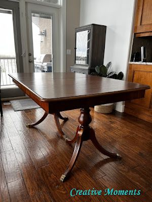 Old Dining Table With Modern Chairs, Refinishing Old Dining Room Table, Refinished Duncan Phyfe Table, Mahogany Dining Table Makeover, Double Pedestal Dining Table Makeover, Antique Table With Modern Chairs, Antique Table And Chairs Makeover, Vintage Double Pedestal Dining Table, Duncan Fife Table