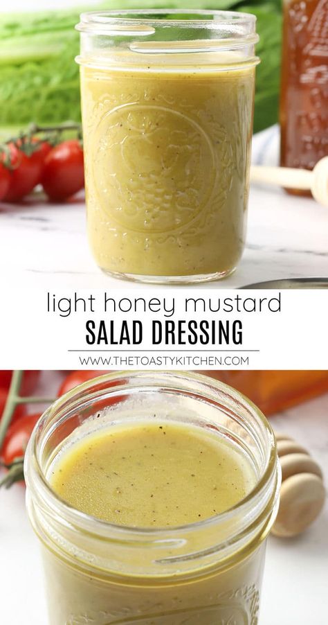 Light honey mustard dressing recipe by The Toasty Kitchen. Light honey mustard dressing is made from scratch and comes together in minutes. This salad dressing is tangy, sweet, and full of flavor. #saladdressing #honeymustarddressing #honeymustard #homemade #dressing #condiments #recipe Light Vinegrette Dressing Recipe, Honey Garlic Dressing, Simple Salad Dressings, Honey Mustard Dressing Homemade, Sweet Mayo Dressing, Homemade Honey Mustard Dressing, Honey Mustard Salad Dressing Recipe, Sweet Vinaigrette Dressing, Dijon Honey Mustard Dressing