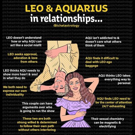 @ichatastrology on Instagram: “Leo & Aquarius get along even though they are polar opposites! Leo is fire & Aquarius is air, so both their elements blend AND they are…” Leo And Aquarius Friendship, Aquarius Relationship Facts, Aquarius Woman And Leo Man, Aquarius Leo Compatibility, Leo Aquarius Relationship, Leo And Aquarius Relationship, Aquarius And Aquarius Relationship, Aquarius And Leo Relationships, Aquarius X Leo