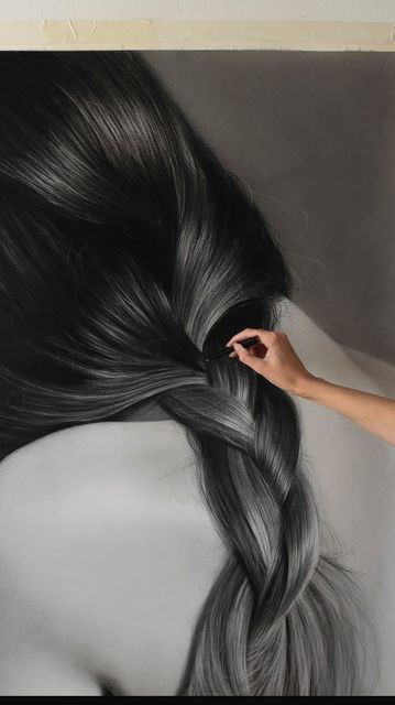 Silvie Mahdal on Instagram: "The largest drawing of hair I’ve ever done, ‘Vulnerable’ self-portrait charcoal on paper . song: A Gentle Sunlight by James Quinn" Hair Charcoal Drawing, Charcoal Hair Drawing, Silvie Mahdal Art, Pencil Hair Drawing, Drawing Of Hair, Drawing Braids, Realistic Hair Drawing, Portrait Charcoal, Charcoal Hair