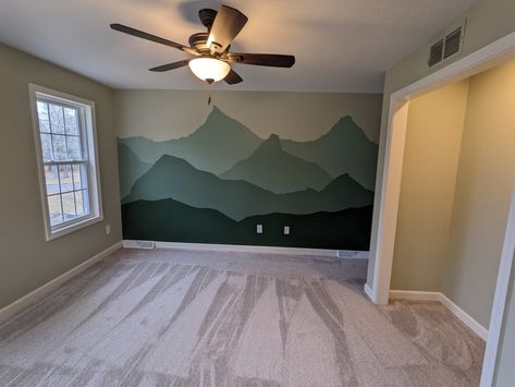 Green Mountain Accent Wall, Mountain Forest Nursery Theme, Mountain Themed Nursery, Mountain Nursery Theme, Forest Nursery Theme, Lucas David, Mountain Bedroom, Green Monochromatic, Nursery Wall Painting