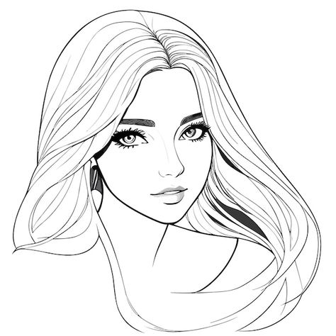 A girl with long hair and a long hair | Premium Vector #Freepik #vector #girl-sketch #drawing-line #face-line #outline Green Eyes Drawing, Girl Outlines, Face Framing Hair, Anime Friends, Vector Girl, Face Outline, Pre Writing Activities, About A Girl, Girl Sketch