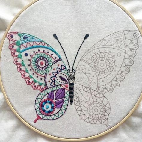 All Embroidery Stitches In One Design, Embroidery Designs Print, Fabric Stitching Design, Embroidery Designs For Love, Stitching Art Embroidery, Back Stitch Embroidery Design, Back Embroidery Design, Butterfly Embroidery Pattern, Embroidery Work Design