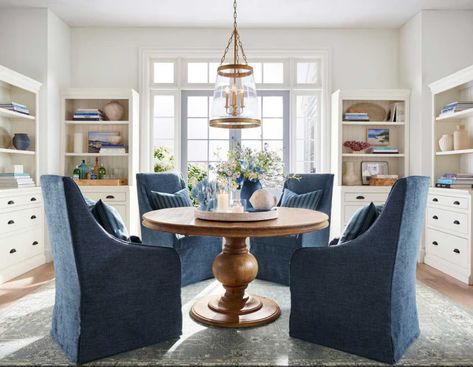 Classic Coastal Comfortable Kitchen Chairs, Transitional Dining Room Inspiration, Slip Covered Dining Chairs, Pottery Barn Dining Room, Blue Dining Chairs, Remodel Furniture, Curved Kitchen Island, Curved Kitchen, Coastal Dining Room