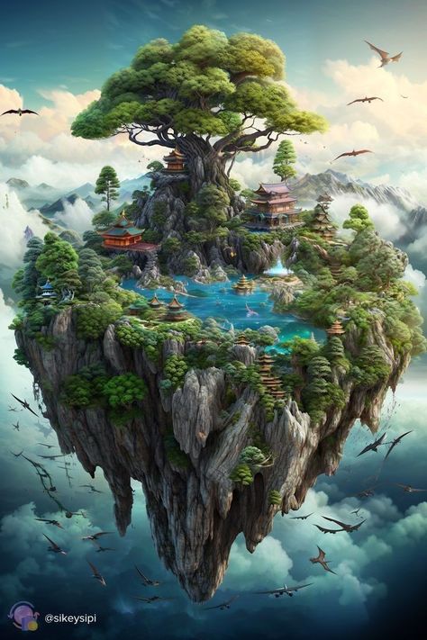 3d Fantasy World, Illustration Art Landscape, Sky Island, Art For Decor, Sky City, 3d Landscape, Fantasy Island, Fantasy City, Fantasy Castle