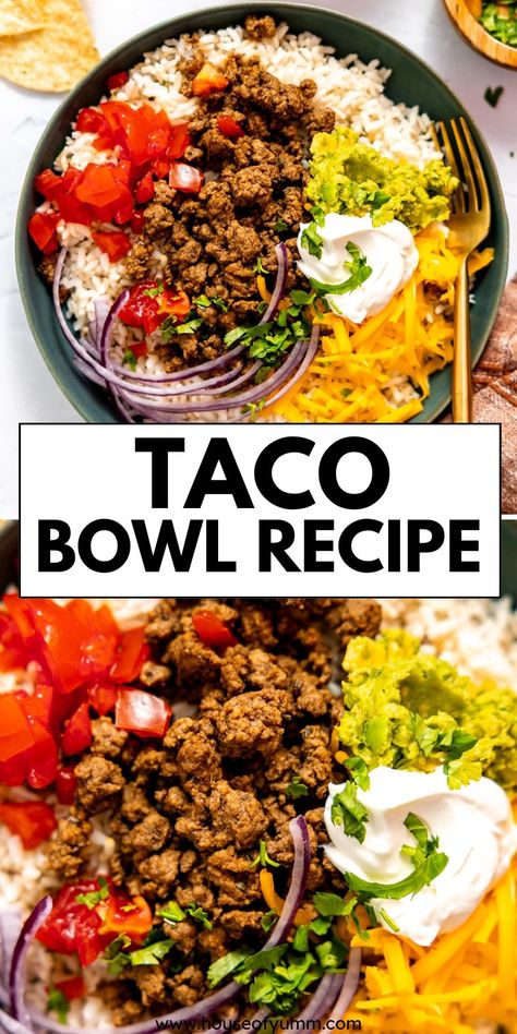 This Taco Bowl recipe is a fun twist on a traditional taco. Ground beef taco meat layered on cilantro lime rice and all your favorite taco toppings. This easy and delicious meal will become a new family favorite. Taco And Rice Bowl, Essen, Brown Rice Taco Bowl, Taco Bowl Recipe Beef, Tacos In A Bowl, Tex Mex Bowls, Easy Beef Bowls, Taco Bowl With Rice, Taco Variations Ground Beef