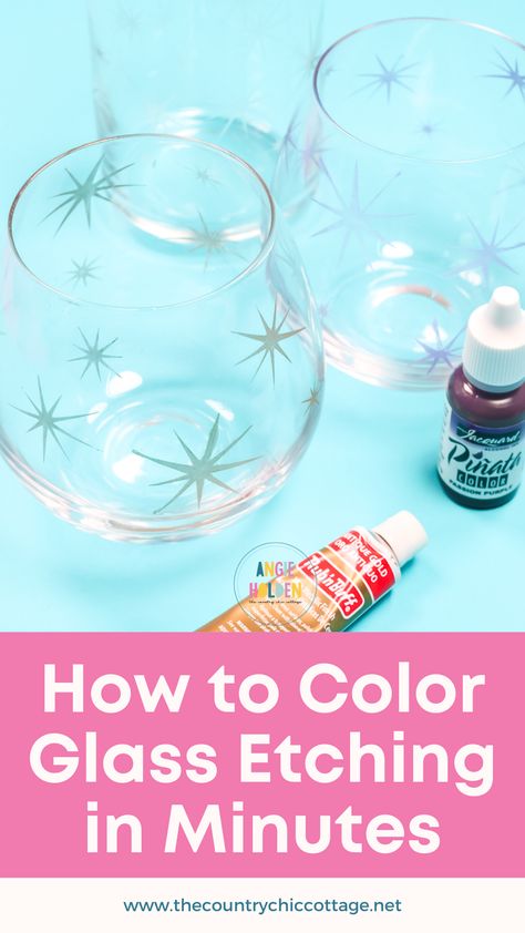 How To Do Glass Etching, Painting Etched Glass Diy, Personalized Etched Glasses, Color Etched Glass Diy, Cricut Glass Etching Ideas, How To Add Color To Glass Etching, Etching Glassware Diy Cricut, Coloring Etched Glass Diy, Simple Glass Etching Designs