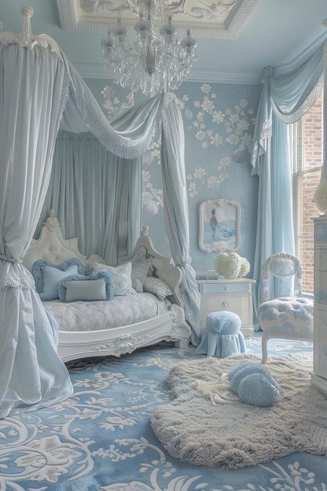 Blue Princess Bedroom, European Aesthetic Bedroom, Bedroom Ideas Light Blue, Cool Bedrooms, Girls Bedroom Decor Ideas, Princess Room Decor, Children's Bedroom Ideas, Elegant Bedroom Decor, Popular Interior Design