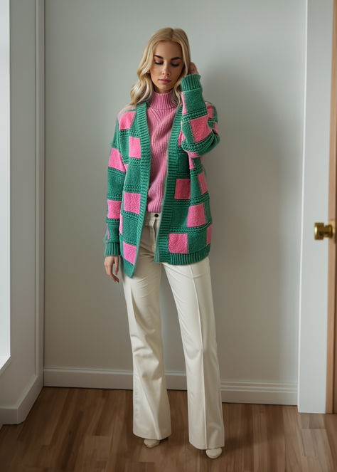 This adorable knit sweater cardigan is a perfect blend of style and comfort, making it a must-have in every woman's wardrobe. The eye-catching checkered pattern in vibrant pink and green hues adds a playful yet sophisticated touch to any outfit. Its oversized design ensures a comfortable, relaxed fit, perfect for those chilly days or casual outings. Pink And Green Sweater Outfit, Pink And Green Cardigan Outfit, Checkered Jacket Outfit, Green And Pink Outfit, Green Cardigan Outfit, Green Sweater Outfit, Cardigan Outfit, Checkered Jacket, Sweater Outfit