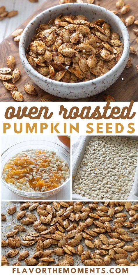 Oven Roasted Pumpkin Seeds are crunchy, delicious and packed with savory flavor! They're gluten-free and vegan and make a healthy snack! #pumpkinseeds #easyrecipes #vegan Pumpkinseeds Roasted, Oven Roasted Pumpkin Seeds, Roasted Pumpkin Seeds Recipe, Roast Pumpkin Seeds, Pumpkin Seeds Recipe, Kitchen Nostalgia, Healthy Homemade Snacks, Pumpkin Seed Recipes, How To Roast