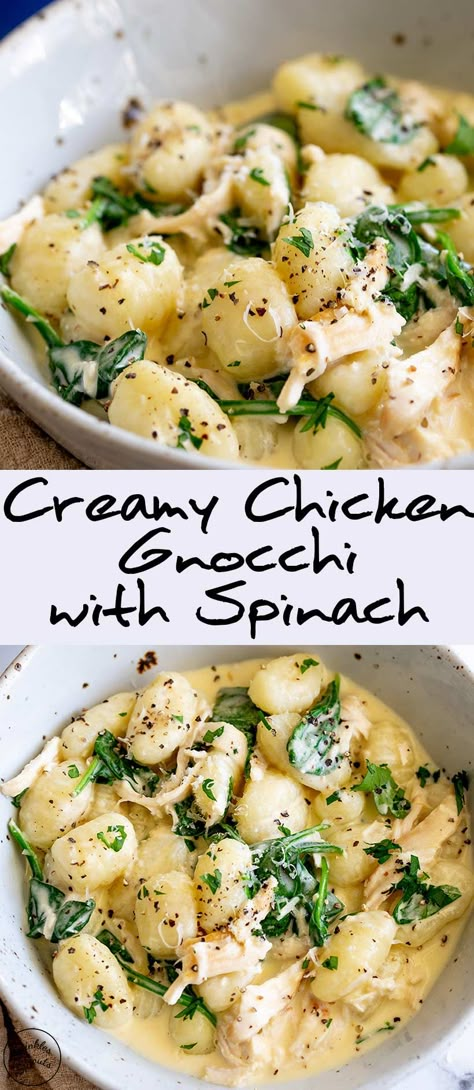 Creamy Chicken Spinach Gnocchi, Chicken Gnocchi Spinach, What To Eat With Gnocchi, Gnocchi Meal Ideas, Easy Gnocchi Recipes Simple, Recipes With Gnocchi Simple, Sauce For Gnocchi Simple, Shredded Chicken Gnocchi, Creamy Chicken With Spinach